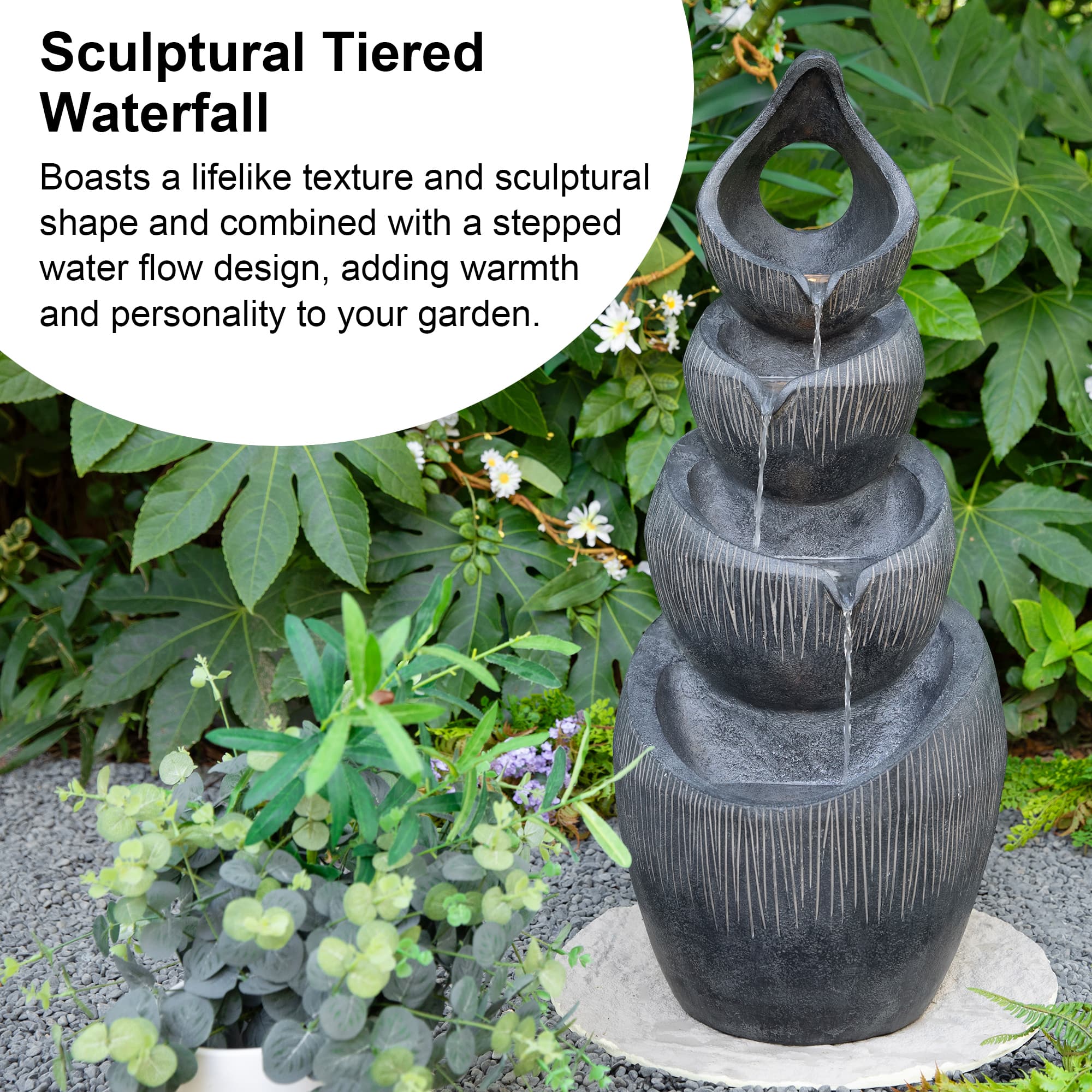 Glitzhome® 34" Zen-Style LED 4-Tier Alms Bowl Outdoor Fountain